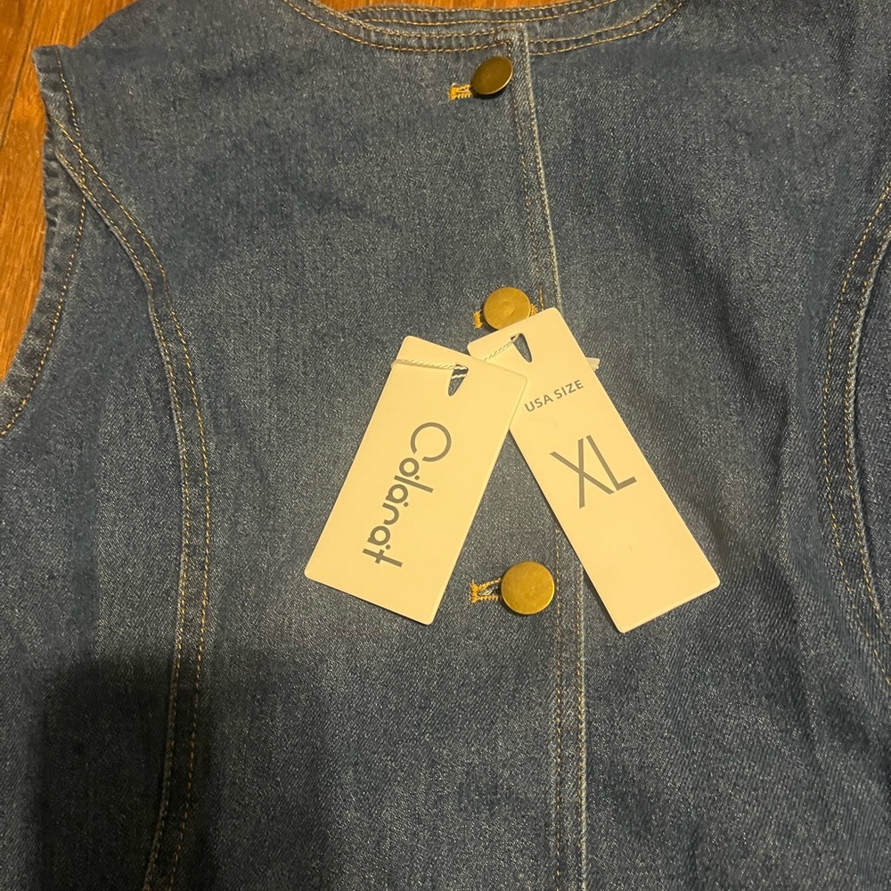 Sleeveless Dark Blue Denim Vest - Tailored Women's Jacket - Picture 3 of 4